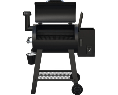 Černý gril na pelety s otevřeným víkem a kolečky