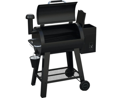 Černý gril na pelety s úložným prostorem a kolečky