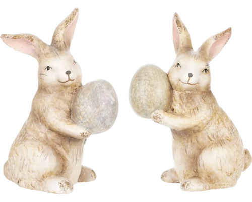 Zajíc s vajíčkem keramický 9 x 14 x 19 cm 1 ks, různé druhy Dvě figurky zajíčků s velikonočním vajíčkem jako dekorace