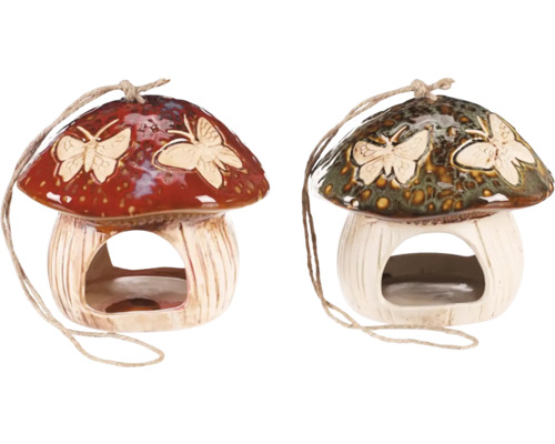 Krmítko keramické tvar houby 16 x 17 x 17 cm 1 ks, různé druhy Dva ptačí budky ve tvaru houby se závěsnou šňůrou