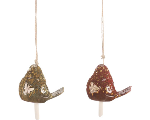 Dva ozdobné ptačí zvonky s motýlkovým vzorem a závěsnou šňůrou