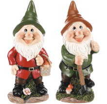 Dva zahradní trpaslíci s čepicí, lopatou a košíkem