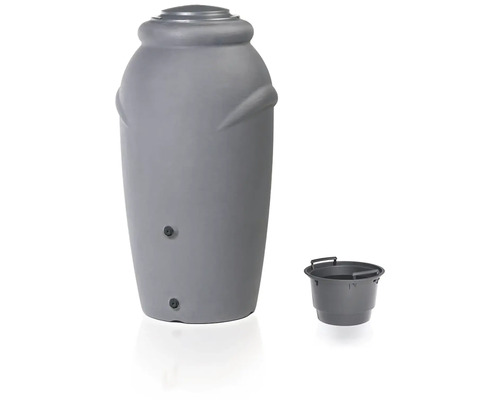 Šedá nádrž na dešťovou vodu s odpovídajícím vědrem