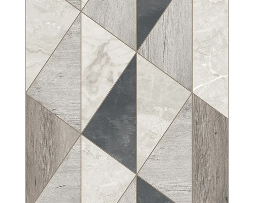 Vliesová tapeta šedá Geometrická A65104 Vavex 2026 0,53 x 10 m Geometrický vzor vinylové tapety s trojúhelníky, dřevem a mramorem