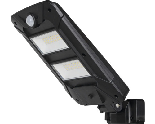 Černé LED solární světlo s pohybovým senzorem pro montáž na stěnu.