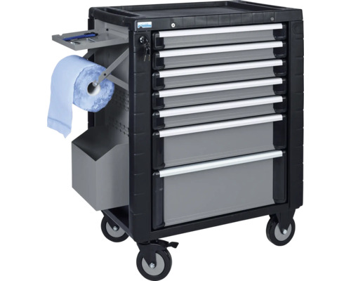 Dílenský vozík s několika zásuvkami a držákem na papírové role