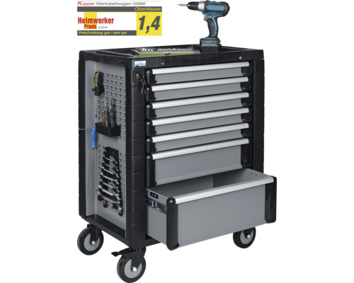 Pojízdný dílenský vozík se sedmi zásuvkami a děrovanou stěnou včetně nářadí a akumulátorového šroubováku.