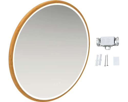 Oválné zrcadlo s dřevěným rámem a LED osvětlením včetně montážního materiálu