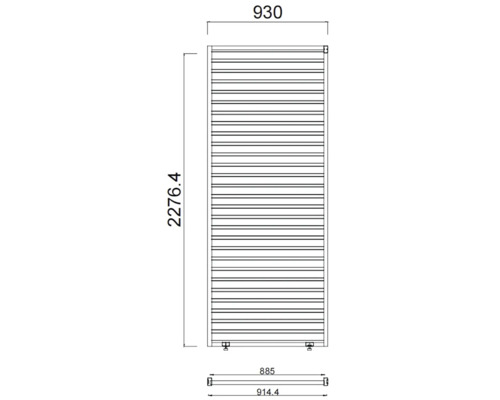 Technický výkres radiátoru o rozměrech 930 mm šířky a 2276,4 mm výšky.