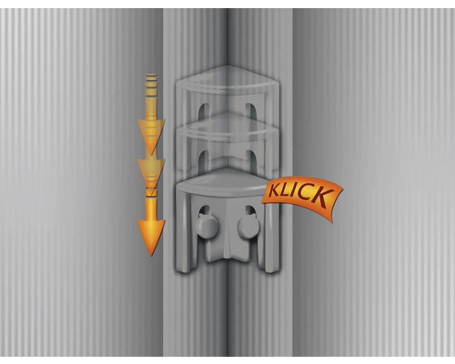 Upevnění rohové police se šipkou a upozorněním na zacvaknutí