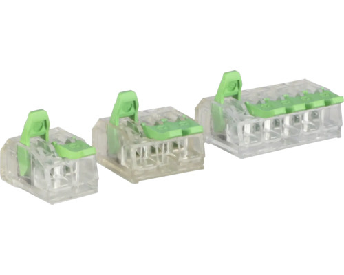 Tři průhledné kabelové konektory s pákovou svorkou