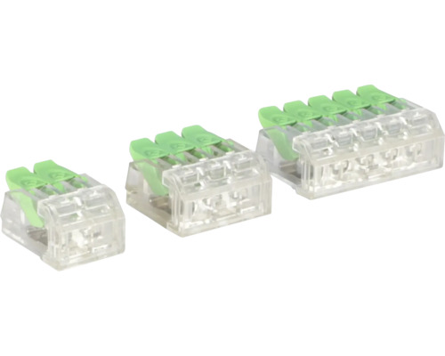 Tři průhledné kabelové spojky s pákovými svorkami pro elektrické připojení