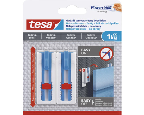 Nalepovací hřebík tesa nosnost 1 kg balení 2 ks Tesa Powerstrips Technology samolepicí hřebíky na tapety a omítku, nosnost až 1 kilogram, 2 kusy
