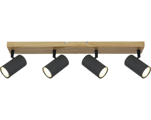 Stropní svítidlo barvy dřeva se čtyřmi černými reflektory