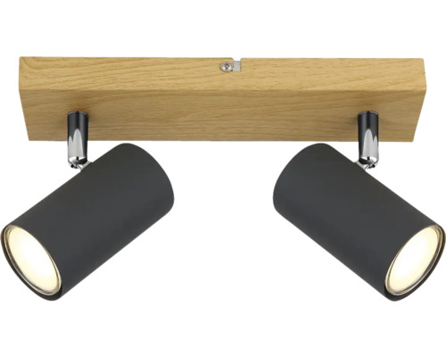 Stropní svítidlo se dvěma bodovými světly z dřeva a kovu