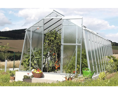 Skleník s rostlinami a zeleninou na zahradě