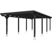 Dřevěný carport s plochou střechou a několika podpěrami