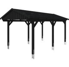 Černý dřevěný carport se sedlovou střechou