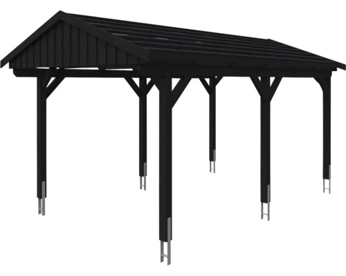 Černý dřevěný carport se sedlovou střechou