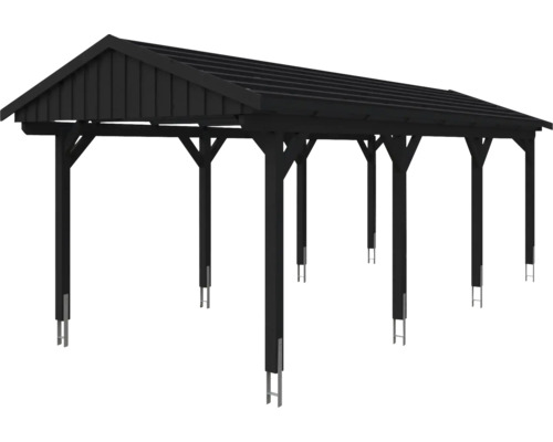 Dřevěný carport se sedlovou střechou a ocelovými nohami