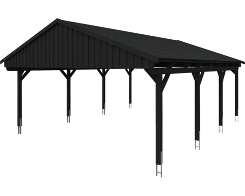 Černý carport se střechou a dřevěnou konstrukcí
