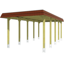 Dřevěný carport s červenou střechou