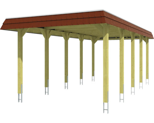 Dřevěný carport s červenou střechou