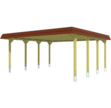 Dřevěný carport s červenou střechou