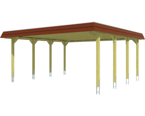 Dřevěný carport s červenou střechou
