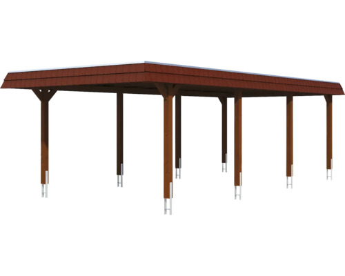 Dřevěný carport se střešní krytinou a podpěrnými sloupky