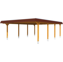 Dřevěný carport s taškovou střechou pro ochranu vozidel.