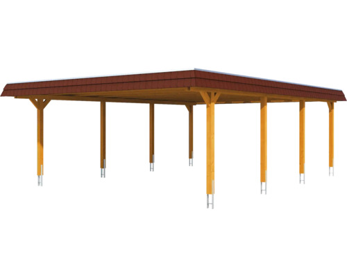 Dřevěný carport s taškovou střechou pro ochranu vozidel.