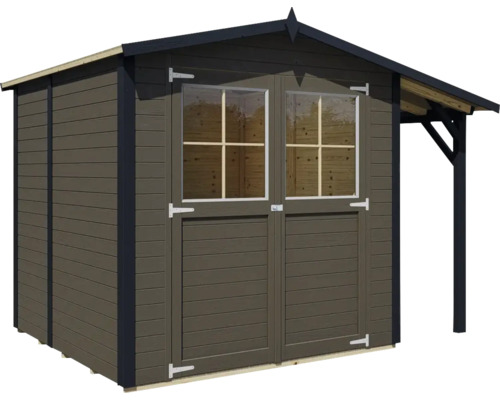 Zahradní domek s dvoukřídlými dveřmi a stříškou