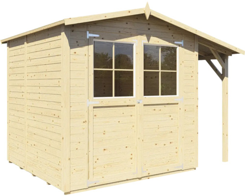 Dřevěný zahradní domek s okny a přístřeškem.