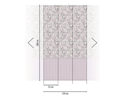 Dekorativní nástěnný panel s květinovým a ptačím vzorem, rozměry 159 cm x 280 cm.