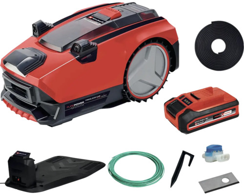 Robotická sekačka Einhell s příslušenstvím, jako je baterie, obvodový kabel a nabíjecí stanice