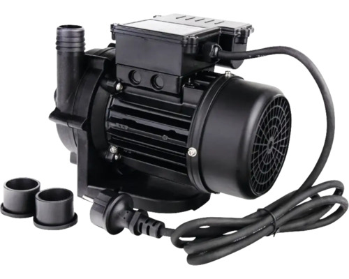 Černé bazénové čerpadlo s napájecím kabelem a dvěma přípojkami
