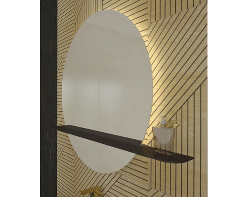 Kulaté zrcadlo s poličkou v koupelně