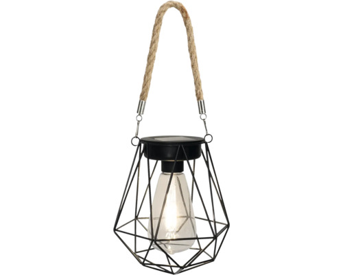 Dekorativní solární lampa se závěsem na laně a geometrickým drátěným rámem