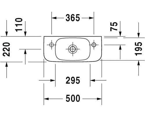 Technický nákres umyvadla s rozměry