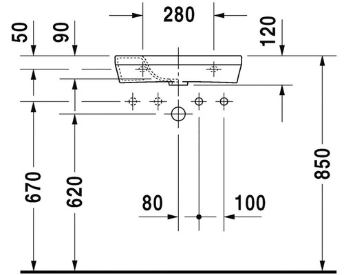 Technický nákres umyvadla s rozměry