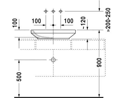 Technický nákres umyvadla s rozměry pro instalaci.
