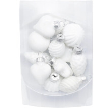 Sbírka vánočních koulí v různých tvarech, jako je srdce, kapka a koule.