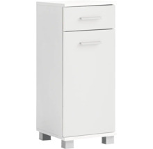 Bílá skříňka pod umyvadlo se dvěma zásuvkami a stříbrnými úchyty