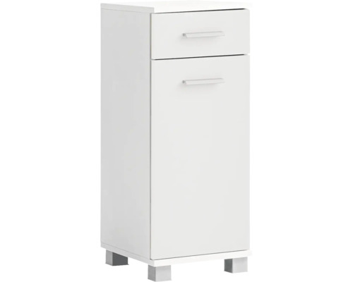 Bílá skříňka pod umyvadlo se dvěma zásuvkami a stříbrnými úchyty