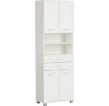 Bílá víceúčelová skříň se zásuvkami, policemi a dvířky pro další úložný prostor