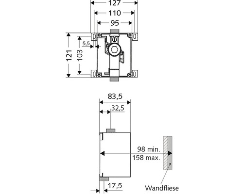 Rozměrový nákres podomítkové armatury s rozměry