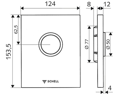 Technický výkres ovládací desky Schell s rozměry