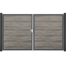 Dvoukřídlá brána s dřevěným vzhledem a ocelovým rámem