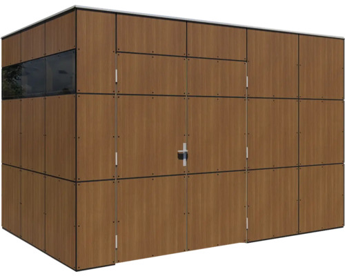 Kůlna na nářadí v barvě dřeva s dveřmi a oknem